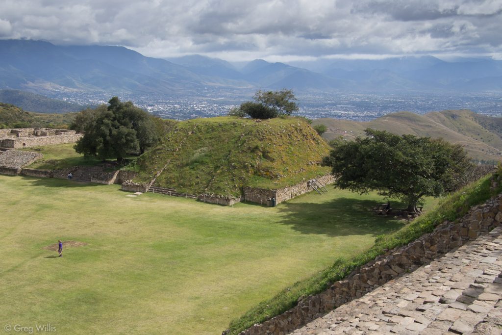 Monte Albán Montículo Q and Oaxaca city from the South Platform