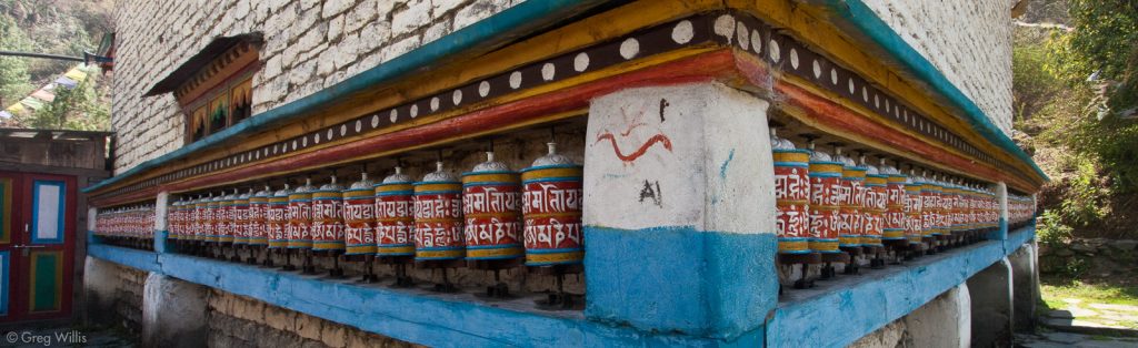 Prayer wheels outside of the gompa in Bagarchap
