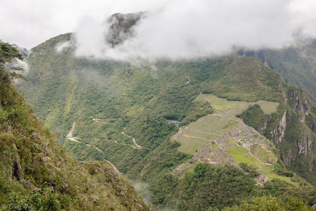 View of Machu Picchu and Intipunku (top left) from Wayna Picchu